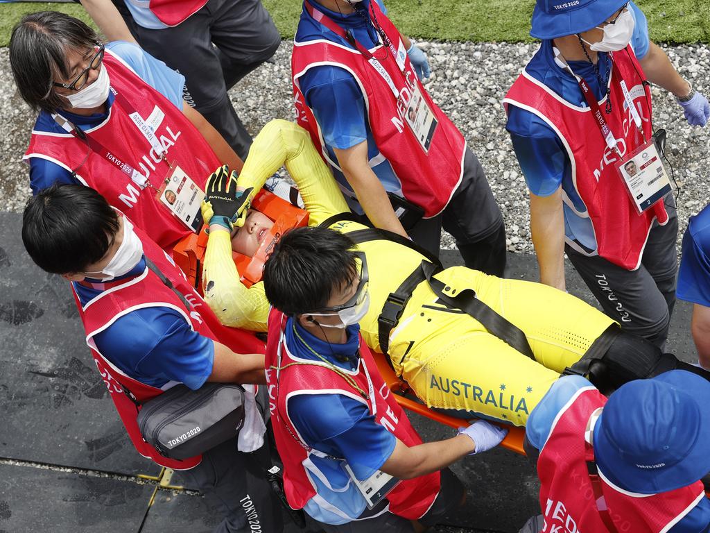 Devastating scenes as Australia’s Saya Sakalkibara is stretchered off after a crash during the Women’s BMX semi-finals. Picture: Alex Coppel