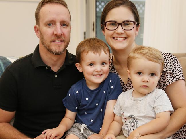 Parents working can send there kids to childcare for free after Scott Morrison made the announcement earlier today. Abby (personal trainer) and Steve King (fitness trainer) have sent there kids Jackson aged 4 and Ryan aged 1 to childcare since the start of the coronavirus situation, so they can continue working and make ends meet. Pictured at their home in Kirrawee. Picture Rohan Kelly