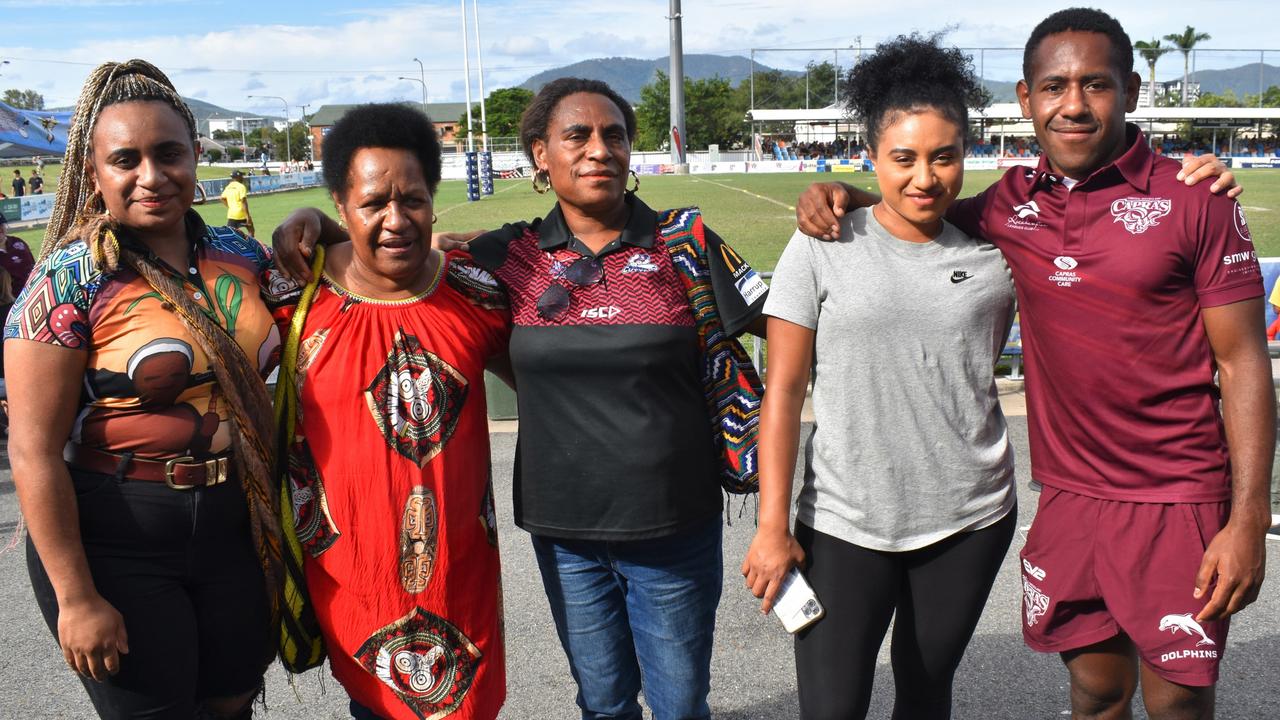 Dykom Ikis, Rosen Wini, Penni Ikis, Rachael Wini and Jesuah Wini at the CQ Capras home games at Rockhamptonâ&#128;&#153;s Browne Park on March 26, 2022.