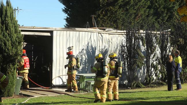 Fire fighters at a shed fire at 262 Pigdon St, Portarlington. Picture: Alison Wynd
