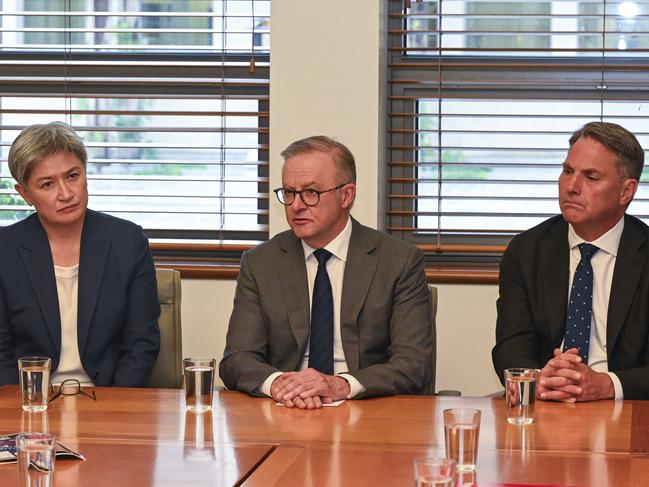 CANBERRA, AUSTRALIA, NewsWire Photos. NOVEMBER 28, 2023: Family members of Israeli hostages held by Hamas meet with Prime Minister Anthony Albanese, Penny Wong and Richard Marles at Parliament House in Canberra. Picture: NCA NewsWire / Martin Ollman