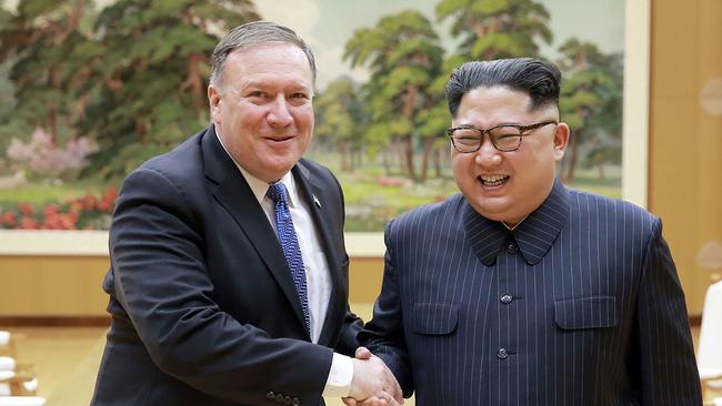 Mr Pompeo shakes hands with North Korean leader Kim Jong-un hduring historic talks led by the Trump administration.