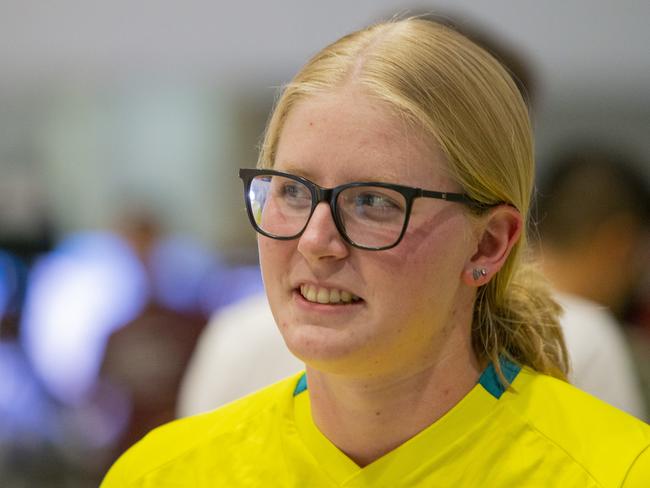 Birmingham 2022 Australian Commonwealth Games athletes arriving at Brisbane Domestic Airport on Saturday 6 August 2022. Swimmer Katja Dedekind. Picture: Jerad Williams