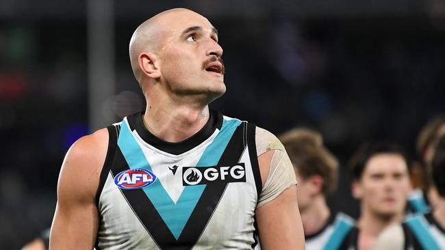 MELBOURNE, AUSTRALIA - JULY 15: Sam Powell-Pepper of the Power reacts following the 2023 AFL Round 18 match between the Carlton Blues and the Port Adelaide Power at Marvel Stadium on July 15, 2023 in Melbourne, Australia. (Photo by Morgan Hancock/AFL Photos via Getty Images)