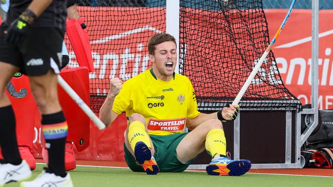 Ky Williot celebrates the opening goal of the Kookaburra’s win over New Zealand. Picture: Supplied/Hockey Australia