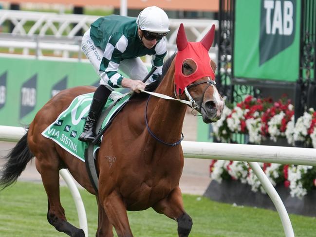 Via Sistina (IRE) ridden by James McDonald before the TAB Champions Stakes at Flemington Racecourse on November 09, 2024 in Flemington, Australia. (Photo by Jay Town/Racing Photos via Getty Images)