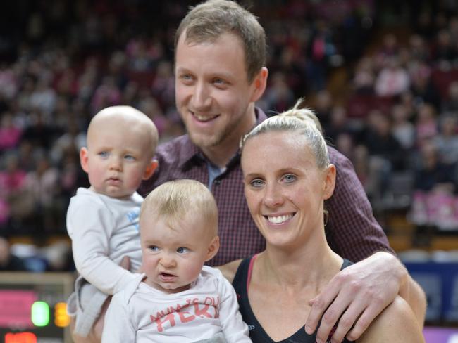 Renae Ingles with basketball playing husband Joe and twins Milla and Jacob.