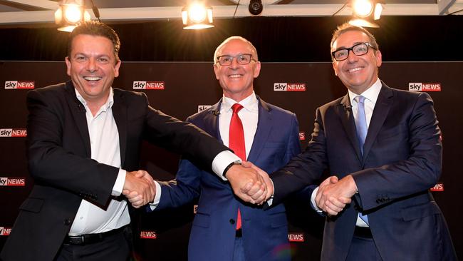 The-then SA Best leader Nick Xenophon (left) at the 2018 election’s Advertiser-Sky News people’s forum with the-then premier Jay Weatherill (centre) and the-then SA Liberal leader Steven Marshall (right). Picture: AAP / Tracey Nearmy