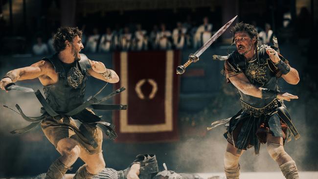 Paul Mescal plays Lucius and Pedro Pascal plays Marcus Acacius in Gladiator II from Paramount Pictures.