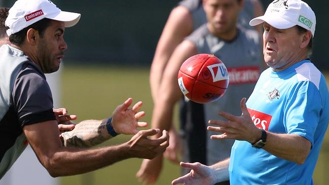 Bradley Gotch in a training drill at Collingwood with Daniel Wells.