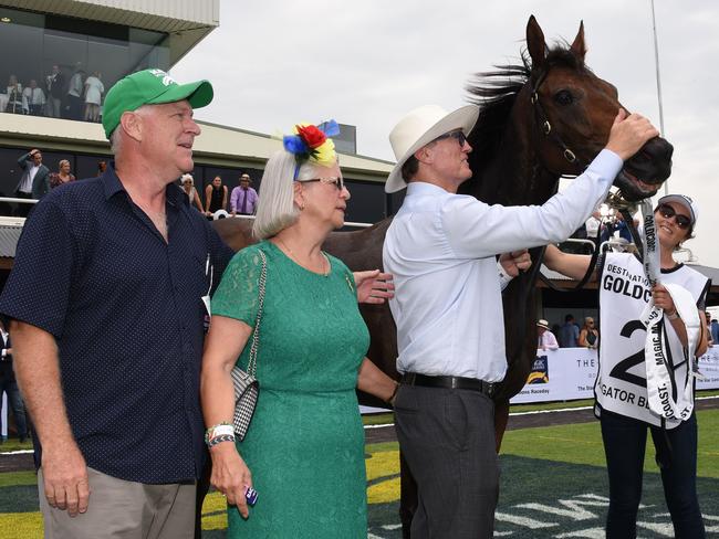 Winner of race 6 Alligator Blood owners Allan Endresz, Robyn and Jeff Simpson celebrates at the Magic Millions race day at the Gold Coast Turf Club. (Photo/Steve Holland)