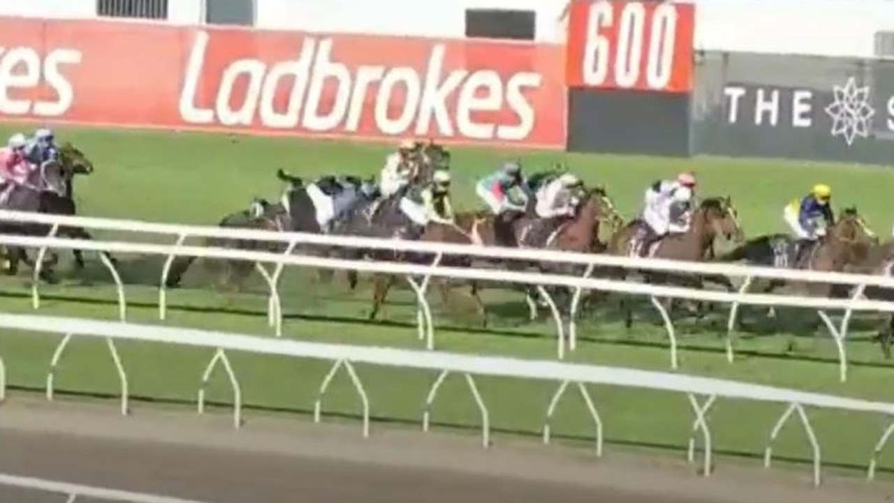 Robbie Dolan falls off Victory Command in race 7 which led to the Eagle Farm meeting being abandoned. Picture: Sky Racing