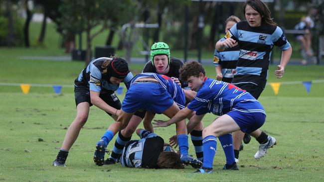 Day 1 of the King of the Country junior rugby union tournament at the Gold Coast Eagles Rugby Union Club.Maroochydore Swans (BLUE AND BLACK) vs USQ Saints (Blue ) Maroochydore Player No USQ Player No Pic Mike Batterham