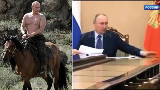 Vladimir Putin stops a pencil rolling off his desk, right, … and is praised by state television for his ability to do so. It's a stark contrast to the days he was photographed bare-chested on horseback. Pictures: Twitter/AFP