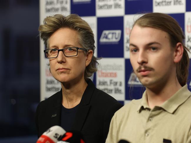 ACTU Secretary Sally McManus is joined by low income earner Jordan Hutchins as she addresses the media in response to the Annual Wage Review decision. Picture: Brendan Beckett