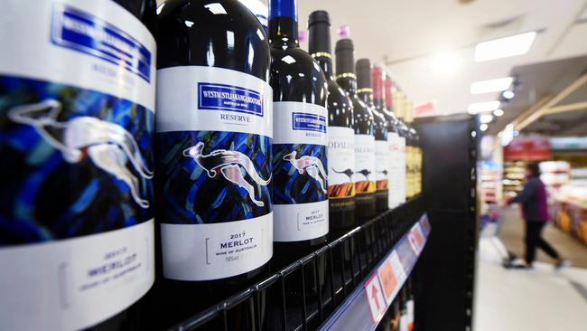 Bottles of Australian wine at a supermarket in Hangzhou, in eastern China's Zhejiang province. Picture: AFP