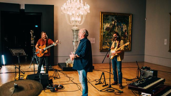 Michael Gudinski with the Teskey Brothers at the NGV. Picture: Mushroom Creative