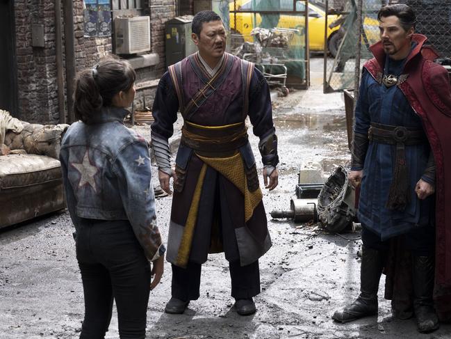 Xochitl Gomez as America Chavez, Benedict Wong as Wong, and Benedict Cumberbatch as Doctor Strange. Picture: Jay Maidment.