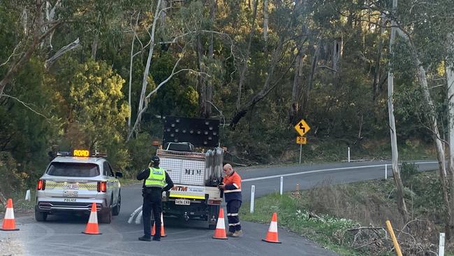 Emergency services at the scene of a serious crash at Cleland. Picture: George Yankovich