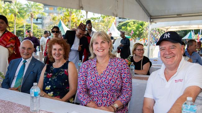 His Honour Professor the Honourable Hugh Heggie AO PSM, Ms Ruth Eirwen Jones, Chief Minister Eva Lawler and Minister Mark Monaghan at the 2024 Darwin Nepalese Festival. Picture: Pema Tamang Pakhrin