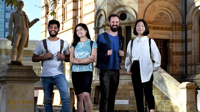 International students at the University of Adelaide last year: Dhanush Manne, Karen Figueroa, Aguinaldo Nunes and Xinyu Du. Picture: Tricia Watkinson