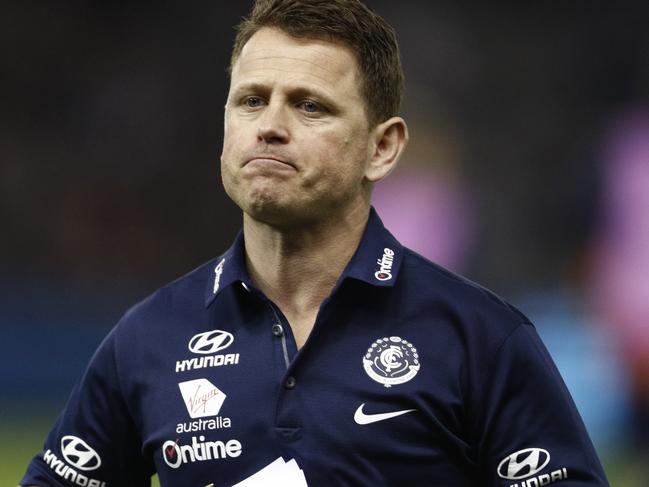 Blues head coach Brendon Bolton is seen during the Round 23 AFL match between the Carlton Blues and the Adelaide Crows at Etihad Stadium in Melbourne, Saturday, August 25, 2018. (AAP Image/Daniel Pockett) NO ARCHIVING, EDITORIAL USE ONLY