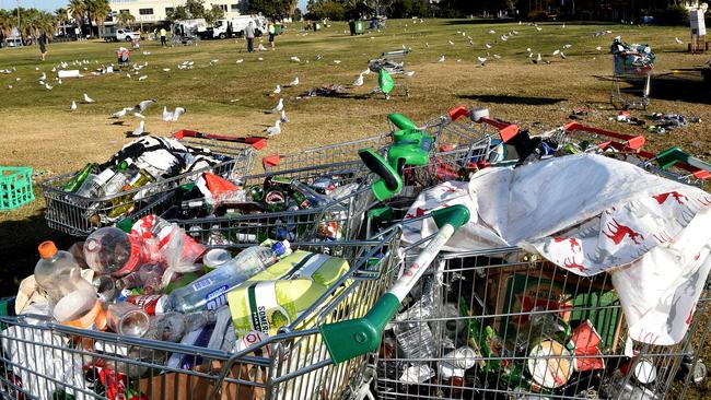 Rubbish left at Melbourne’s St.Kilda foreshore. Picture: Nicole Garmston