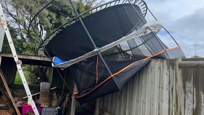 A trampoline has flipped over a fence in Portland. Picture: Facebook