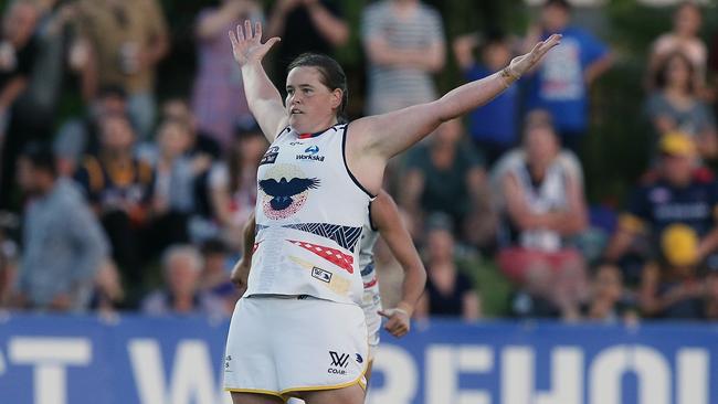 Crows full-forward Sarah ‘Tex’ Perkins, pictured last year, kicked three goals in her SANFLW debut with Woodville-West Torrens on Friday night. Picture:Wayne Ludbey