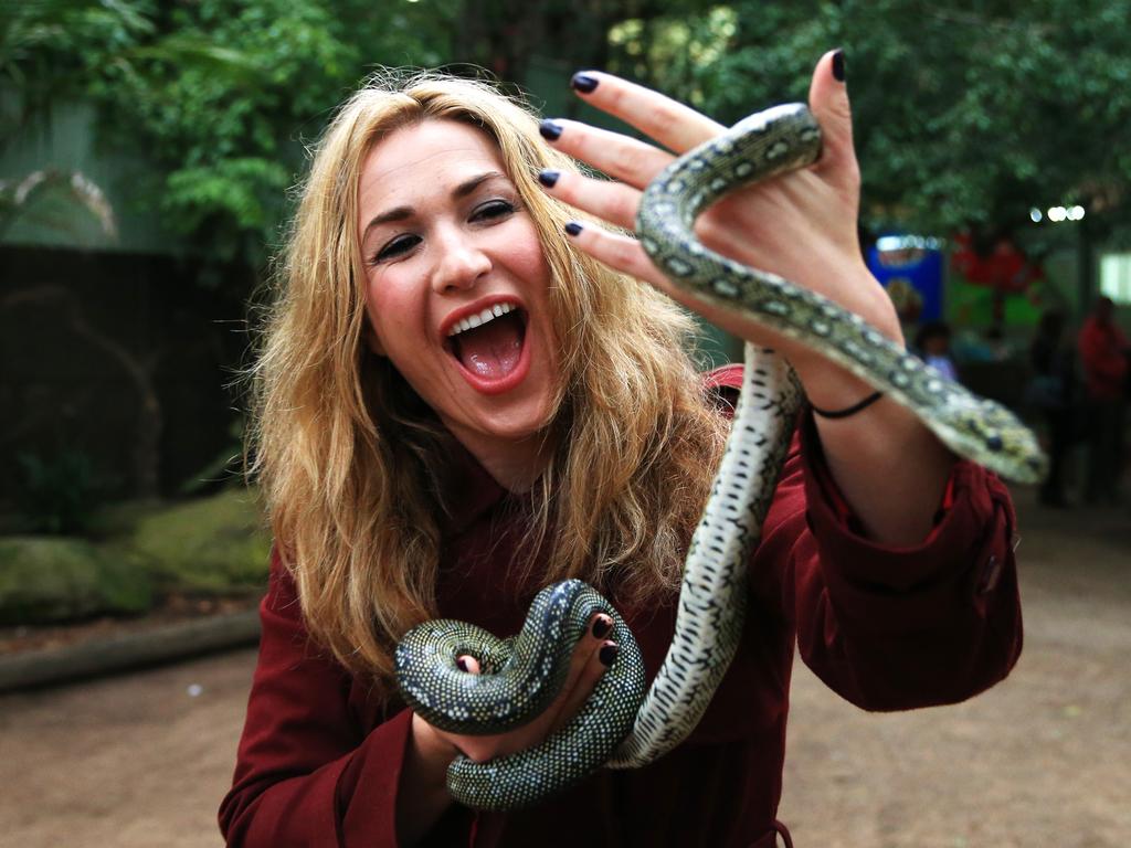 Vikki Campion with a diamond python at Featherdale Wildlife Park at Doonside. Picture: News Corp Australia