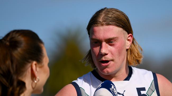 MELBOURNE, AUSTRALIA - JULY 16: Harley Reid of Vic Country speaks to media during the 2023 U18 Boys Championships match between Vic Country and Vic Metro at Ikon Park on June 16, 2023 in Melbourne, Australia. (Photo by Morgan Hancock/AFL Photos via Getty Images)