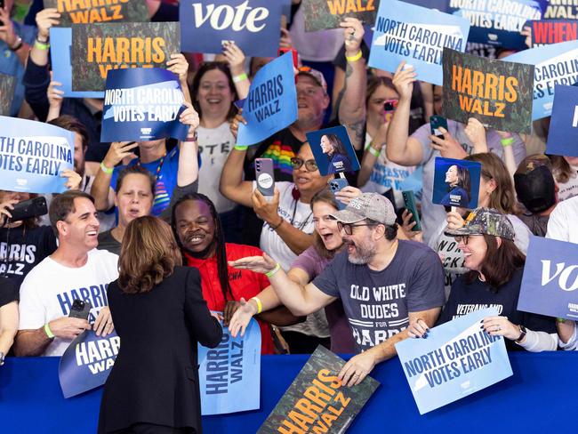 US Vice President and Democratic presidential candidate Kamala Harris greets supporters during a Get Out the Vote rally in Raleigh, North Carolina, on October 30, 2024. (Photo by Ryan M. Kelly / AFP)