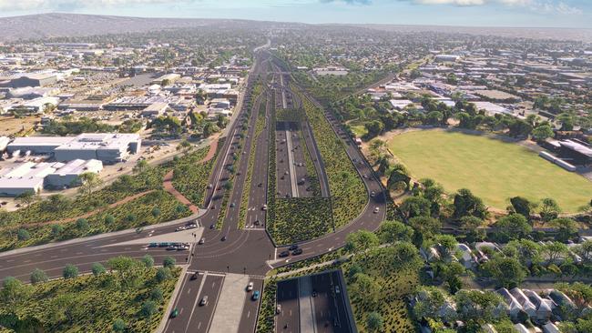 An artist impression of the Torrens to Darlington road project, the largest road infrastructure project in the state’s history.