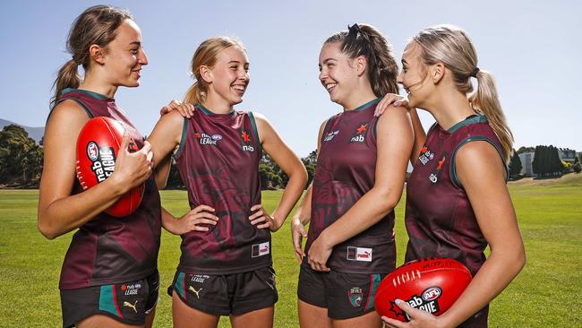 Members of the Tasmania Devils girls leadership group Perri King, Claire Ransom,Amy Prokopiec and Jemma Webster. Picture: Zak Simmonds