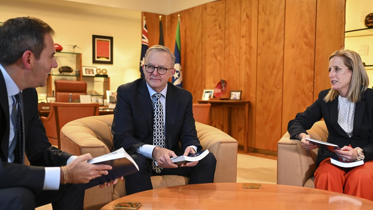 Prime Minister Anthony Albanese, Treasurer Jim Chalmers and Finance Minister Katy Gallagher meet in Parliament House in Canberra ahead of the budget. Picture: NCA NewsWire / Martin Ollman