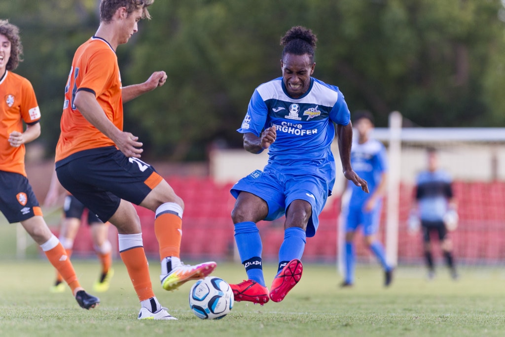 James Egeta for South West Queensland Thunder against Brisbane Roar in NPL Queensland men round two football at Clive Berghofer Stadium, Saturday, February 9, 2019. Picture: Kevin Farmer