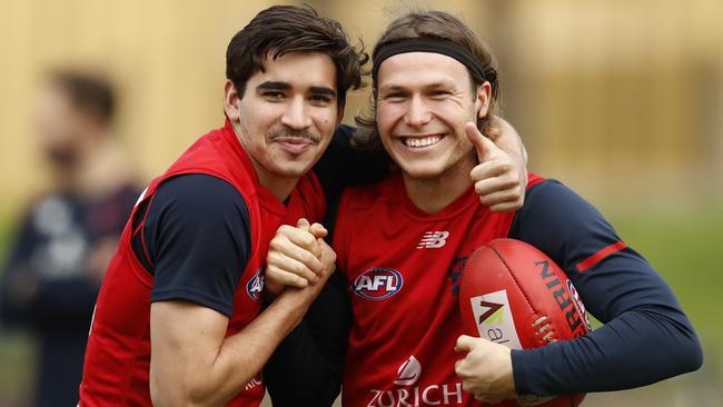 Toby Belford and Ed Langdon share a laugh at a training session at Gosch's Paddock.