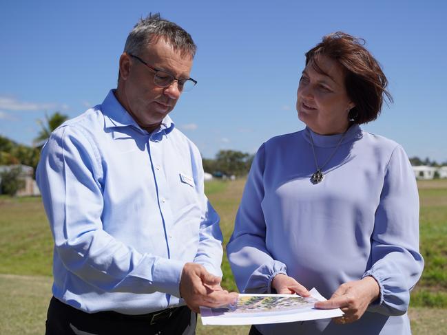 Mackay Hospital and Health Services chairman Darryl Camilleri discussing the design plans of the new $31.5 million Sarina Hospital along Brewers Road, Sarina with Mackay MP Julieanne Gilbert. Picture: Heidi Petith