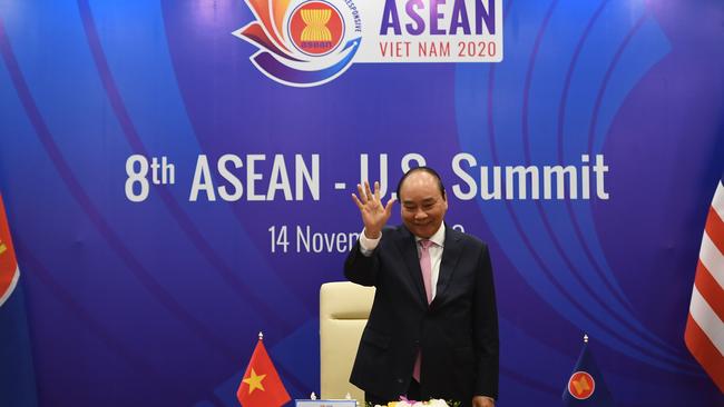 Vietnam’s Prime Minister Nguyen Xuan Phuc addresses counterparts at the ASEAN-US summit of the Association of Southeast Asian Nations (ASEAN) in Hanoi on Saturday. Picture: AFP