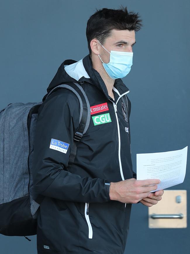 Collingwood’s Scott Pendlebury arrives at Perth Airport. Picture: Paul Kane/Getty Images.