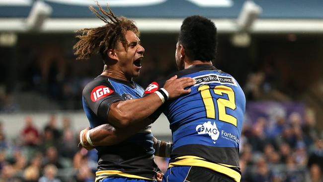 Issak Fines-Leleiwasa and Henry Taefu of the Force celebrate a try. (Photo by Paul Kane/Getty Images)