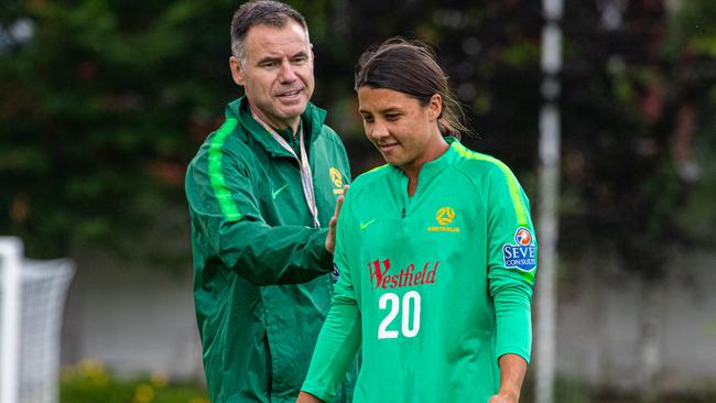 Matildas coach Ante Milicic and star striker Sam Kerr prepare for Australia’s tilt at the World Cup. Picture: FFA