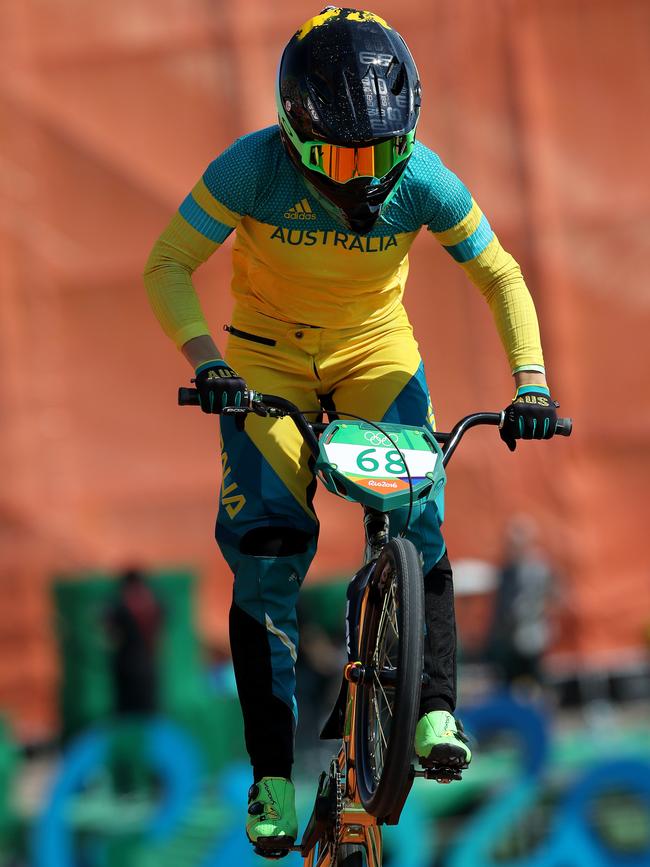 Caroline Buchanan gets under way in the BMX seeding run at the Olympic BMX Centre in Deodoro. Picture: Adam Head