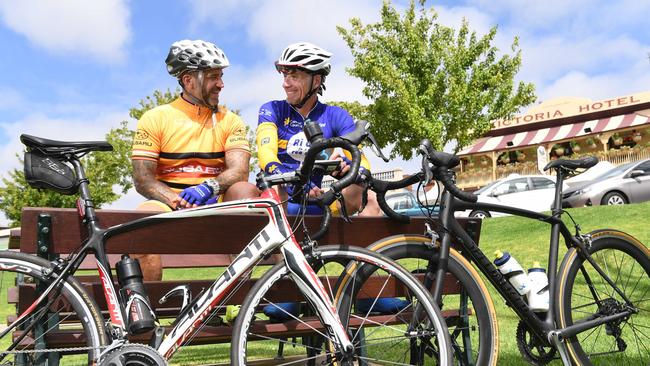 Former Australian rider Patrick Jonker with Rob Yates test out the TDU Challenge route from Glenelg to Strathalbyn. Picture: Tricia Watkinson