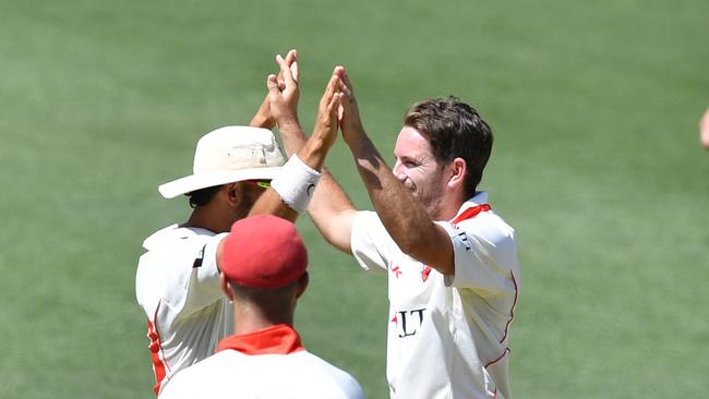 South Australia’s Chadd Sayers (Right) celebrates after taking the wicket of Tasmania’s Tim Paine at Adelaide Oval.  (AAP Image/David Mariuz).