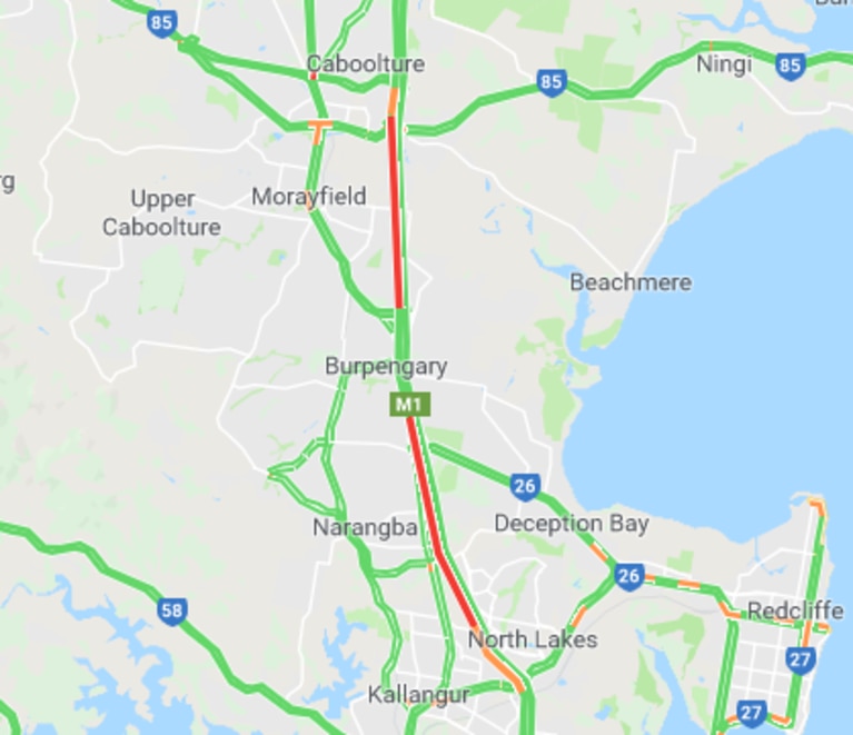 Motorists on Bruce Highway were experiencing significant delays this morning after a crash in Burpengary. This image showed congestion at around 10.15am. Picture: Google Maps