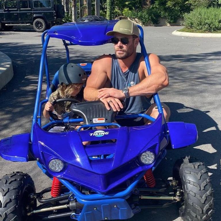 Chris Hemsworth seen in an Instagram post before their flight on Sunday. Picture: chrishemsworth/Instagram