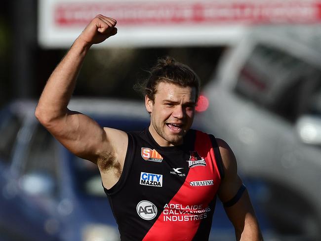 07/07/18 - SANFL: South Adelaide v West Adelaide at Noarlunga Oval.  West's Mason Middleton celebrates kicking a goal. Picture: Tom Huntley