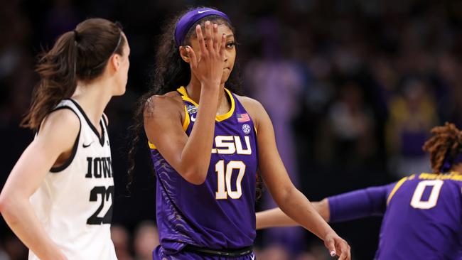 Reese’s infamous gesture during the 2023 NCAA Women's Tournament championship game. (Photo by Maddie Meyer/Getty Images)