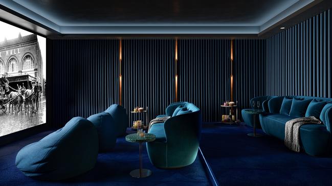 An artist impression of the home cinema inside the $10m penthouse at Market Square. Picture: Woods Bagot